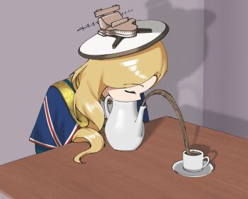 1girl azur_lane blonde_hair blue_dress closed_eyes commentary cup derivative_work dress english_commentary hat highres hood_(azur_lane) long_hair parallelrey shadow solo table tea teacup teapot union_jack_print white_hat wooden_table