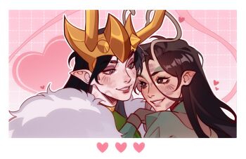 2girls alternate_form antennae black_eyes black_hair border bright_pupils brown_eyeshadow cape couple evil_cactus eye_contact fake_horns fur-trimmed_cape fur_trim green_shirt grid_background guardians_of_the_galaxy hashtag-only_commentary heart highres horned_headwear horns lady_loki lipstick_mark lipstick_mark_on_face loki_(marvel) long_hair looking_at_another mantis_(marvel) marvel marvel_rivals multiple_girls official_alternate_design parted_lips pink_background pointy_ears portrait red_lips shirt smile thor_(marvel)_(series) turtleneck white_border white_pupils yuri