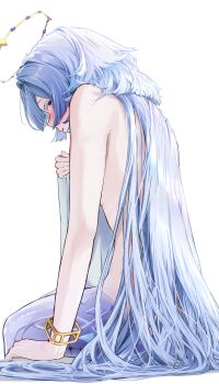 Rule 34 | 1girl, absurdres, blush, breasts, colored eyelashes, commentary request, covering privates, from side, grey hair, halo, highres, holding, holding towel, kiyokatsu (kyktsu0908), long hair, looking at viewer, mornye (wuthering waves), nude cover, parted lips, profile, prosthesis, prosthetic leg, red eyes, sideways glance, simple background, sitting, small breasts, solo, tacet discord (wuthering waves), tacet mark (wuthering waves), towel, very long hair, white background, wuthering waves