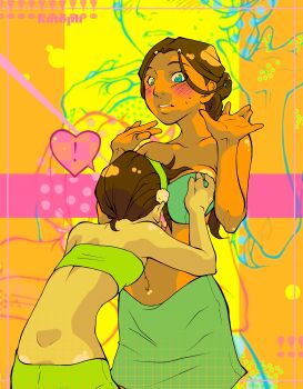 2girls absurdres avatar:_the_last_airbender avatar_legends between_breasts blue_eyes blush breasts brown_hair dark-skinned_female dark_skin face_between_breasts head_between_breasts heart highres katara medium_breasts multiple_girls navel small_breasts toph_beifong yuri yutaan