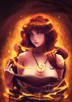 1girl aura axsen breasts brown_hair cleavage disney evil_smile female_focus jewelry large_breasts lipstick long_hair makeup pendant purple_eyes red_lips shell signature smile solo the_little_mermaid_(disney) upper_body vanessa_(disney) watermark wavy_hair web_address