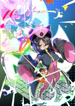 1girl absurdres black_hair black_jacket bodysuit breasts brown_eyes cropped_jacket fate/grand_order fate_(series) full_body hair_over_one_eye hat highres jacket kitsunebi44410 lady_yu_doll long_sleeves looking_at_viewer mole mole_under_eye open_mouth pink_bodysuit pink_hat short_hair sleeves_past_fingers sleeves_past_wrists small_breasts solo sparkle translation_request xu_fu_(fate)