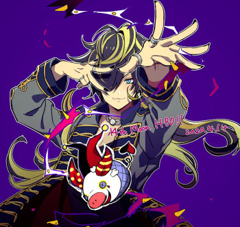 1boy :3 aimono_jyushi aqua_eyes bishounen black_hair black_nails blonde_streaks character_name chuunibyou dated floating_clothes floating_hair furrowed_brow grey_jacket hair_over_one_eye happy_birthday hypnosis_mic jacket long_hair looking_at_viewer male_focus multicolored_hair outstretched_hand purple_background reaching reaching_towards_viewer two-tone_hair w_over_head yellow_trim yoruhachi