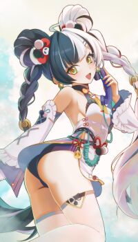 1girl absurdres ass bare_shoulders black_hair braid braided_twintails china_dress chinese_clothes detached_sleeves dialyn_(zenless_zone_zero) dress earrings hair_bun highres jewelry kiratto777 long_hair looking_at_viewer multicolored_hair open_mouth solo split-color_hair thighhighs two-tone_hair white_hair white_thighhighs yellow_eyes zenless_zone_zero