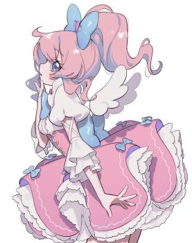 1girl blue_bow blue_eyes bow center_frills cowboy_shot frilled_skirt frills from_side hand_up highres kiratto_pri_chan layered_skirt long_hair looking_at_viewer momoyama_mirai pink_hair pink_skirt ponytail pretty_series profile puffy_short_sleeves puffy_sleeves shirt short_sleeves sidelocks simple_background skirt solo standing white_background white_shirt white_wings wings yunomikuchi
