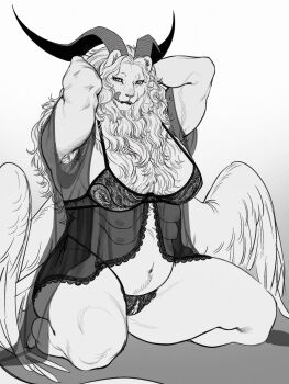 1girl armpit_hair arms_behind_head breasts camisole commentary_request demon demon_horns dungeon_meshi extra_breasts feathered_wings frilled_camisole frills furry furry_female genderswap genderswap_(mtf) greyscale highres horns kneeling large_breasts licking_lips lion_girl mane monochrome navel plump see-through_camisole see-through_clothes solo spoilers tongue tongue_out white_background winged_lion_(dungeon_meshi) wings wushutaichuitousangqideyizhichong