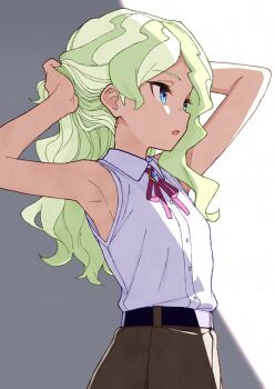 1girl adjusting_hair belt blonde_hair blue_eyes diana_cavendish highres hues_sunk little_witch_academia long_hair multicolored_hair neck_ribbon ribbon shirt sleeveless solo two-tone_hair white_shirt