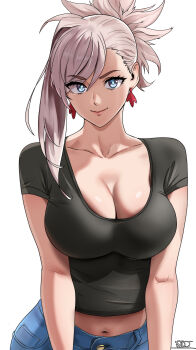 1girl absurdres black_shirt blue_eyes blue_pants breasts cleavage collarbone denim earrings fate/grand_order fate_(series) highres jeans jewelry large_breasts leaf_earrings long_hair looking_at_viewer midriff miyamoto_musashi_(fate) navel oldmanjenkins84 pants pink_hair ponytail shirt short_sleeves smile solo swept_bangs