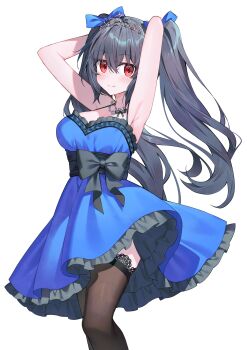 1girl absurdres armpits arms_up binato_lulu black_bow black_hair black_ribbon blue_bow blue_dress blush bow breasts closed_mouth commentary commission cowboy_shot dress english_commentary frilled_dress frills hair_between_eyes hair_bow halterneck happy highres jewelry large_breasts looking_at_viewer mixed-language_commentary necklace neptune_(series) noire_(neptunia) pearl_necklace pixiv_commission red_eyes ribbon sidelocks simple_background solo thigh_peek thighhighs tiara twintails white_background