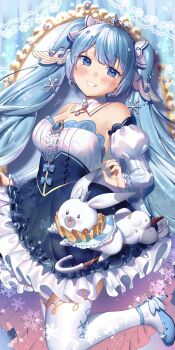 Rule 34 | 1girl, aqua eyes, aqua hair, bare shoulders, beamed eighth notes, blue dress, blush, breasts, cleavage, commentary request, detached collar, detached sleeves, dress, eighth note, fortissimo, frilled dress, frills, hair between eyes, hair ornament, hatsune miku, highres, jewelry, kirisaki shuusei, long hair, long sleeves, looking at viewer, medium breasts, musical note, musical note hair ornament, musical note print, official alternate costume, official alternate hairstyle, open mouth, princess, rabbit yukine, signature, silver tiara, skirt hold, smile, snowflake hair ornament, strapless, strapless dress, thighhighs, tiara, twintails, very long hair, vocaloid, white rabbit (animal), white thighhighs, yuki miku, yuki miku (2019)