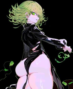 1girl ass black_background black_dress disgust dress green_eyes green_hair highres one-punch_man tatsumaki thick_thighs thighs torn_clothes usa37107692