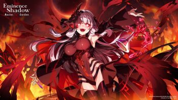 1girl artist_request black_leotard black_sleeves breasts colored_sclera copyright_notice corruption detached_sleeves eta_(kage_no_jitsuryokusha_ni_naritakute!) fire glowing glowing_eyes hair_tubes highres holding holding_test_tube kage_no_jitsuryokusha_ni_naritakute! kage_no_jitsuryokusha_ni_naritakute!_master_of_garden leotard logo long_hair official_art open_mouth red_sclera smile solo test_tube thighhighs vial weapon white_eyes white_hair
