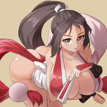 Rule 34 | 1girl, ass, bare shoulders, breasts, brown background, brown eyes, brown hair, cleavage, fatal fury, hand fan, large breasts, lips, long hair, looking at viewer, ninja, shiranui mai, sleeveless, tasumaniadevill, the king of fighters, thong, very long hair