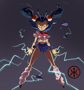 1girl absurdres antenna_hair bare_legs belt black_footwear black_hair blue_skirt breasts closed_eyes command_&amp;_conquer command_&amp;_conquer:_red_alert command_&amp;_conquer:_red_alert_3 electricity floating floating_rock grey_background highres kneehighs legs logo long_hair midriff rock saindoo short_sleeves skirt smile socks twintails white_socks yuriko_omega