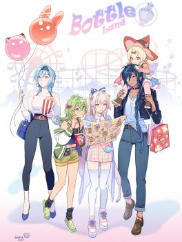 1boy 4girls alternate_costume anklet bag balloon belt black_choker black_pants blonde_hair blue_bag blue_eyes blue_hair blue_headband blue_shoes bow braid braided_ponytail brown_belt casual choker collei_(genshin_impact) commentary commentary_request crop_top cropped_jacket dark-skinned_male dark_skin denim duckie earrings english_commentary eula_(genshin_impact) eyepatch food genshin_impact gradient_hair green_hair green_shoes green_shorts hair_bow hat headband highres holding holding_food holding_map hoop_earrings jacket jeans jewelry kaeya_(genshin_impact) klee_(blossoming_starlight)_(genshin_impact) klee_(genshin_impact) loafers long_hair long_sleeves map map_(object) medium_hair milkshake mixed-language_commentary multicolored_hair multiple_girls off-shoulder_shirt off_shoulder open_clothes open_jacket pants pink_bow pink_hair pink_shirt popcorn purple_eyes purple_jacket red_eyes red_hat sangonomiya_kokomi shirt shirt_partially_tucked_in shoes shorts shoulder_bag sneakers thighhighs twintails white_shirt white_thighhighs witch_hat