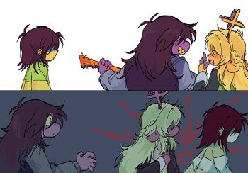 1other 2girls antlers blonde_hair brown_hair colored_teeth deltarune furry furry_female guitar hair_over_eyes highres horns instrument kris_(deltarune) looking_at_another messy_hair multiple_girls music noelle_holiday playing_guitar playing_instrument reindeer_antlers reindeer_girl reptile_girl seb_sketches sharp_teeth smile susie_(deltarune) teeth upper_body utdr_(toby_fox) weird_route_(deltarune) worried yellow_teeth