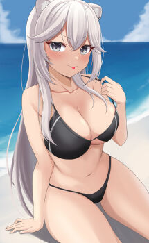 1girl absurdres ahoge animal_ear_piercing animal_ears arm_support beach bikini black_bikini blue_sky blush breasts cleavage closed_mouth cloud collarbone commentary_request cowboy_shot day grey_eyes grey_hair hair_between_eyes highres hololive large_breasts lion_ears lion_girl long_hair looking_at_viewer navel ocean outdoors ramkilog shishiro_botan sitting sky solo strap_pull swimsuit thighs tongue tongue_out very_long_hair virtual_youtuber