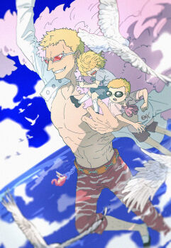 3boys aged_down ascot bird black_shorts blonde_hair blurry blurry_background blurry_foreground brothers capri_pants carrying carrying_person child coat donquixote_doflamingo dual_persona flying highres leg_hair male_focus multiple_boys muscular muscular_male ocean one_piece open_clothes open_mouth open_shirt pants pink_ascot pink_coat pink_shirt scared ship shirt short_hair shorts siblings smile socks sunglasses watercraft white_shirt white_socks zihei404