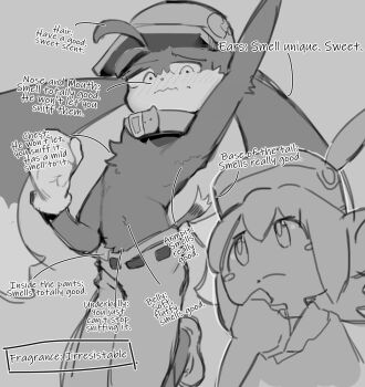 1boy 1girl artist_request blush collar english_text fluff fluffy furry furry_female furry_male gloves hat highres kaze_no_klonoa klonoa label lolo_(klonoa) made_in_abyss monkey monkey_girl namco pants parody shoes thinking