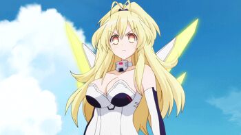 10s 1girl animated animated_gif blonde_hair breasts cleavage fang female_focus large_breasts leotard long_hair mecha_musume neptune_(series) pish solo symbol-shaped_pupils yellow_eyes yellow_heart_(neptunia)