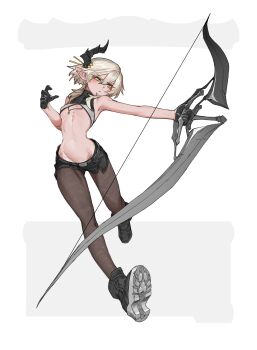 1girl absurdres armpits bare_arms bare_shoulders belt black_boots black_gloves black_shorts blonde_hair boots bow_(weapon) breasts brown_pantyhose commentary ear_piercing english_commentary eyes_visible_through_hair frown full_body gloves groin hair_between_eyes half_gloves highres horns less navel original outstretched_arm pantyhose pantyhose_under_shorts paw_print_soles piercing pointy_ears serious short_hair_with_long_locks short_shorts shorts simple_background single_horn small_breasts solo stomach weapon yellow_eyes