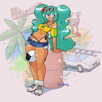 1girl 2025 anklet aqua_eyes aqua_hair arm_support ball bead_necklace beads bikini bikini_under_clothes blue_shorts bracelet brazil brazilian_miku breasts crop_top dahs dark-skinned_female dark_skin dated denim denim_shorts hatsune_miku highleg highleg_bikini highres jewelry long_hair lowleg lowleg_shorts midriff multiple_bracelets necklace off_shoulder shirt shoes short_shorts shorts smile sneakers soccer_ball solo standing swimsuit tan tanline thong thong_bikini twintails vocaloid yellow_shirt