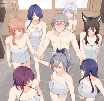 1boy 6+girls acheron_(honkai:_star_rail) black_swan_(honkai:_star_rail) blue_hair brown_hair caelus_(honkai:_star_rail) centauri-d closed_eyes commission grey_hair guinaifen_(honkai:_star_rail) highres honkai:_star_rail honkai_(series) kafka_(honkai:_star_rail) multiple_girls orange_hair pela_(honkai:_star_rail) purple_hair silver_wolf_(honkai:_star_rail) tingyun_(honkai:_star_rail) trailblazer_(honkai:_star_rail)