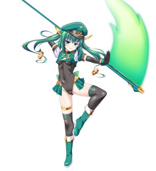 1girl aoi_masami aqua_eyes black_gloves black_thighhighs boots breasts covered_navel elbow_gloves energy_scythe full_body game_cg gloves green_eyes green_hair hat highres holding holding_scythe holding_weapon knight_lapis large_variant_set leotard long_hair looking_at_viewer magical_girl nina_wang_rockford non-web_source official_art peaked_cap scythe showgirl_skirt small_breasts smile solo standing tachi-e thighhighs transparent_background ts_magical_girl_nao twintails variant_set weapon