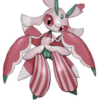 Rule 34 | 1girl, antennae, arthropod girl, black eyes, colored sclera, female focus, full body, gen 7 pokemon, highres, legs apart, looking at viewer, lurantis, nintendo, no humans, no mouth, pink sclera, pinstripe pattern, pokemon, pokemon (creature), pussy, shiny skin, simple background, solo, standing, striped, uncensored, white background, youjo modoki