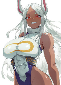 1girl absurdres animal_ears bare_shoulders boku_no_hero_academia breasts commentary covered_abs covered_navel crescent_print dark-skinned_female dark_skin fur_collar grin highleg highleg_leotard highres jinkai12345 large_breasts leotard long_eyelashes long_hair looking_at_viewer mirko parted_bangs rabbit_ears rabbit_girl red_eyes simple_background smile solo taut_leotard toned toned_female upper_body very_long_hair white_background white_hair white_leotard