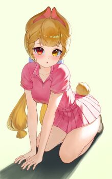 1girl :o alice_thymefield all_fours alternate_costume animal_ears blonde_hair blush collarbone commentary english_commentary full_body green_background hair_ornament heterochromia highres long_hair looking_at_viewer low_twintails open_mouth pink_shirt pink_skirt rabbit_ears rabbit_girl rabbit_tail red_hair shadow shirt shirt_tucked_in short_tail skirt solo sphere_hair_ornament tail twintails unfinished yamisroot yellow_eyes zenless_zone_zero