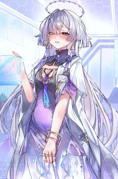 1girl absurdres blush breasts bright_pupils commentary_request cowboy_shot dress gradient_clothes gradient_dress grey_hair halo highres holographic_interface id_card jacket long_hair medium_breasts mornye_(wuthering_waves) parted_lips partial_commentary purple_dress red_eyes see-through_body solo tacet_mark_(wuthering_waves) twitter_username very_long_hair white_jacket white_pupils wuthering_waves yeuyes