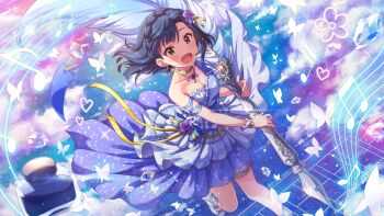 1girl beamed_eighth_notes beamed_sixteenth_notes blue_dress blue_hair braid breasts bug butterfly cleavage commentary_request crystal dress eighth_note floating_hair flower flower_symbol frilled_dress frills game_cg hair_flower hair_ornament holding holding_pen idolmaster idolmaster_million_live! idolmaster_million_live!_theater_days insect layered_dress looking_at_viewer musical_note musical_staff nanao_yuriko nib_pen_(object) official_alternate_costume official_art open_mouth oversized_object pen purple_flower purple_rose rose short_hair single_bare_shoulder smile solo third-party_source yellow_eyes