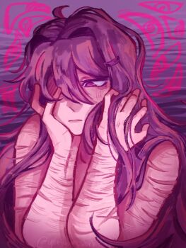 1girl commentary doki_doki_literature_club elbows_together english_commentary hand_in_own_hair hand_on_own_face highres long_hair multiple_scars partially_shaded_face purple_eyes purple_hair scar scar_on_arm self-harm self-harm_scar solo too_many_eyes upper_body wrist_cutting yoriwantsbrkfst yuri_(doki_doki_literature_club)