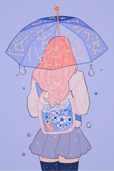 1girl backpack bag blue_flower blue_umbrella constellation constellation_print cowboy_shot crescent flower from_behind highres hood hoodie liquid long_hair meyoco original pink_hair pink_hoodie pleated_skirt purple_background purple_skirt purple_theme simple_background skirt solo standing star_(symbol) thighhighs transparent transparent_umbrella umbrella water water_drop white_flower zettai_ryouiki