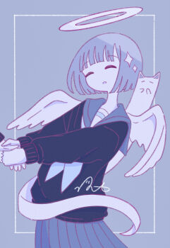 Rule 34 | 1girl, 1other, angel, closed eyes, feathered wings, halo, highres, holding hands, inset border, long sleeves, omochi noa, original, out of frame, pleated skirt, school uniform, serafuku, short hair, signature, skirt, upper body, wings