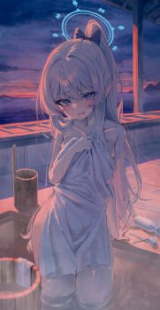 1girl absurdres arm_at_side arm_support blue_archive bow bucket choko_(cup) commentary covering_breasts covering_privates cup greyscale hair_between_eyes hair_bow halo hand_up highres kerno long_bangs long_hair looking_at_viewer miyako_(blue_archive) monochrome nude_cover outdoors parted_lips ponytail solo tokkuri toothbrush towel very_long_hair wading water water_drop wavy_mouth wet wet_hair