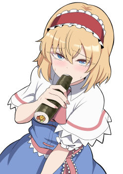 1girl absurdres alice_margatroid ascot blonde_hair blue_dress blue_eyes blush capelet commentary_request dress eating ehoumaki food frilled_hairband frills hairband highres holding holding_food kiyo_(tomoki6107) lolita_hairband makizushi pink_ascot pink_nails pink_sash red_hairband sash sexually_suggestive simple_background solo sushi sweat touhou waist_sash white_background white_capelet