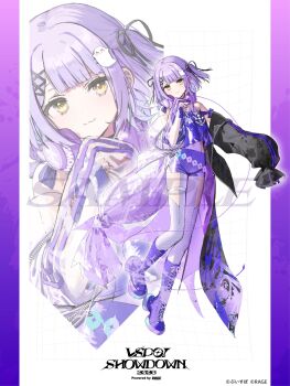 1girl bare_shoulders boots closed_mouth commentary_request covered_navel fingerless_gloves full_body ghost_hair_ornament gloves grey_thighhighs hair_ornament highres knee_boots long_sleeves looking_at_viewer official_art purple_boots purple_gloves purple_hair sample_watermark second-party_source shinomiya_runa short_hair skirt smile solo thighhighs virtual_youtuber vspo! wata_(attaka_towel) watermark yellow_eyes zoom_layer