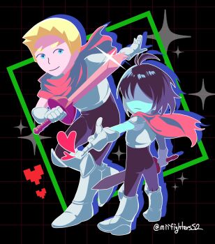 1boy 1other absurdres androgynous antenna_hair armor armored_boots artist_name black_background black_bodysuit black_hair blonde_hair blue_eyes blue_hair blue_skin bodysuit bodysuit_under_clothes boots bowing breastplate broken_heart cape closed_mouth colored_skin commentary_request crossover deltarune expressionless faceless full_body gauntlets gloves greaves grid_background heart highres holding holding_sword holding_weapon korean_commentary kris_(dark_world)_(deltarune) kris_(deltarune) looking_at_another mii_(nintendo) mii_swordfighter mii_swordfighter_(smash_ultimate) miifighterss2 multiple_boys nintendo no_eyes outstretched_arm pink_cape pixel_heart pointing red_scarf scarf serious shaded_face short_hair shoulder_armor size_difference smile sparkle spiked_hair standing super_smash_bros. sword twitter_username utdr_(toby_fox) weapon white_gloves