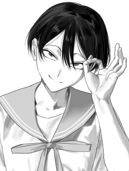 1girl aa_kabeuchi closed_mouth commentary_request double-parted_bangs greyscale hair_between_eyes hand_up head_tilt highres looking_at_viewer masumi_jun monochrome neck_ribbon ok_sign ribbon sailor_collar sailor_shirt sanpaku school_uniform shirt short_hair simple_background smile solo strikeout_pitch upper_body white_background