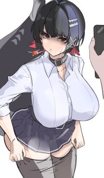 1girl 1other black_hair black_skirt breasts cellphone choker ellen_joe fins fish_tail large_breasts phone shark_girl shark_tail shirt skirt smartphone tail twitter white_background white_shirt ynfkin zenless_zone_zero