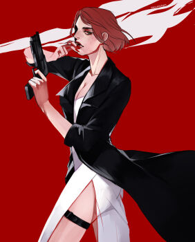 1girl black_jacket breasts cleavage commander_shepard commander_shepard_(female) dress gun highres holding holding_gun holding_weapon jacket mass_effect_(series) smoking solo solo_focus tumblr vacuumchan weapon white_dress