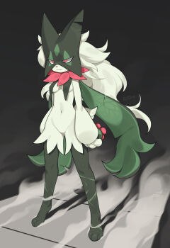 1girl absurdres artist_name breast_curtains breasts closed_mouth fangs full_body furry furry_female green_fur highres holding meowscarada navel nintendo pokemon pokemon_(creature) red_eyes skin_fangs small_breasts smile standing two-tone_fur zinfyu