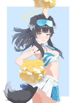 1girl absurdres animal_ears arm_up black_hair blue_archive breasts bright_pupils cheerleader dog_ears dog_girl dog_tail grey_eyes halo hibiki_(blue_archive) hibiki_(cheer_squad)_(blue_archive) highres holding holding_pom_poms jiyue_(murasame524) long_hair medium_breasts midriff panties pleated_skirt pom_pom_(cheerleading) pom_poms shoulder_tattoo skirt solo tail tattoo underwear white_panties white_pupils white_skirt
