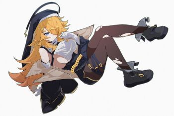 Rule 34 | 1girl, ankle boots, black boots, black jacket, black veil, blonde hair, blue eyes, boots, breasts, brown jacket, brown pantyhose, chaos zero nightmare, closed mouth, commentary, full body, gloves, hair over one eye, hand up, highres, jacket, large breasts, long hair, looking at viewer, multicolored jacket, multiple thigh straps, open clothes, open jacket, orlea (chaos zero nightmare), pantyhose, postalworks, sideboob, simple background, solo, thigh strap, torn clothes, torn pantyhose, two-tone jacket, veil, white background, white gloves