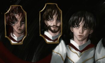 1boy armor beard black_hair broken_glass cape facial_hair glass gloxartx grey_eyes head_tilt highres looking_at_viewer male_focus mirror mordret_(shadow_slave) multiple_persona multiple_views progression red_cape refraction shadow_slave short_hair shoulder_armor upper_body