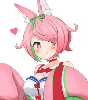 Rule 34 | 1girl, animal ear fluff, animal ears, azuchi momo, azuchi momo (1st costume), bare shoulders, blush, bow, breasts, choker, cleavage, closed mouth, colored inner hair, fang, flipped hair, green hair, green ribbon, hair over one eye, hair ribbon, hands up, heart, highres, jacket, jacket partially removed, large breasts, long sleeves, looking at viewer, multicolored hair, nijisanji, pink eyes, pink hair, pink jacket, red bow, red choker, ria aerial, ribbon, short hair, simple background, skin fang, sleeves past fingers, sleeves past wrists, smile, solo, star-shaped pupils, star (symbol), swept bangs, symbol-shaped pupils, two-tone hair, upper body, virtual youtuber, white background, yellow pupils