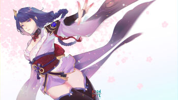 Rule 34 | 1girl, absurdres, armor, arondyte, blunt bangs, braid, breasts, bridal gauntlets, cleavage, coattails, commentary, genshin impact, hair ornament, highres, japanese clothes, kimono, large breasts, long hair, looking at viewer, mole, mole under eye, obi, obiage, obijime, open mouth, parted lips, purple eyes, purple hair, raiden shogun, ribbon, sash, shoulder armor, simple background, solo, tailcoat, tassel, thighhighs