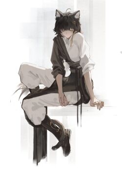 1girl absurdres ahoge alternate_costume black_kimono cat_tail closed_eyes commentary elyzerda facing_to_the_side female_rover_(wuthering_waves) from_side hadanugi_dousa hair_ornament hairclip highres japanese_clothes kemonomimi_mode kimono open_kimono pants parallel_hairclips rover_(wuthering_waves) shirt sitting solo symbol-only_commentary tail white_pants white_shirt wuthering_waves